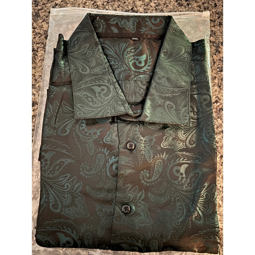 Mens Iridescent Teal Black Paisley Jacquard Button Up Shirt Long Sleeve XXL